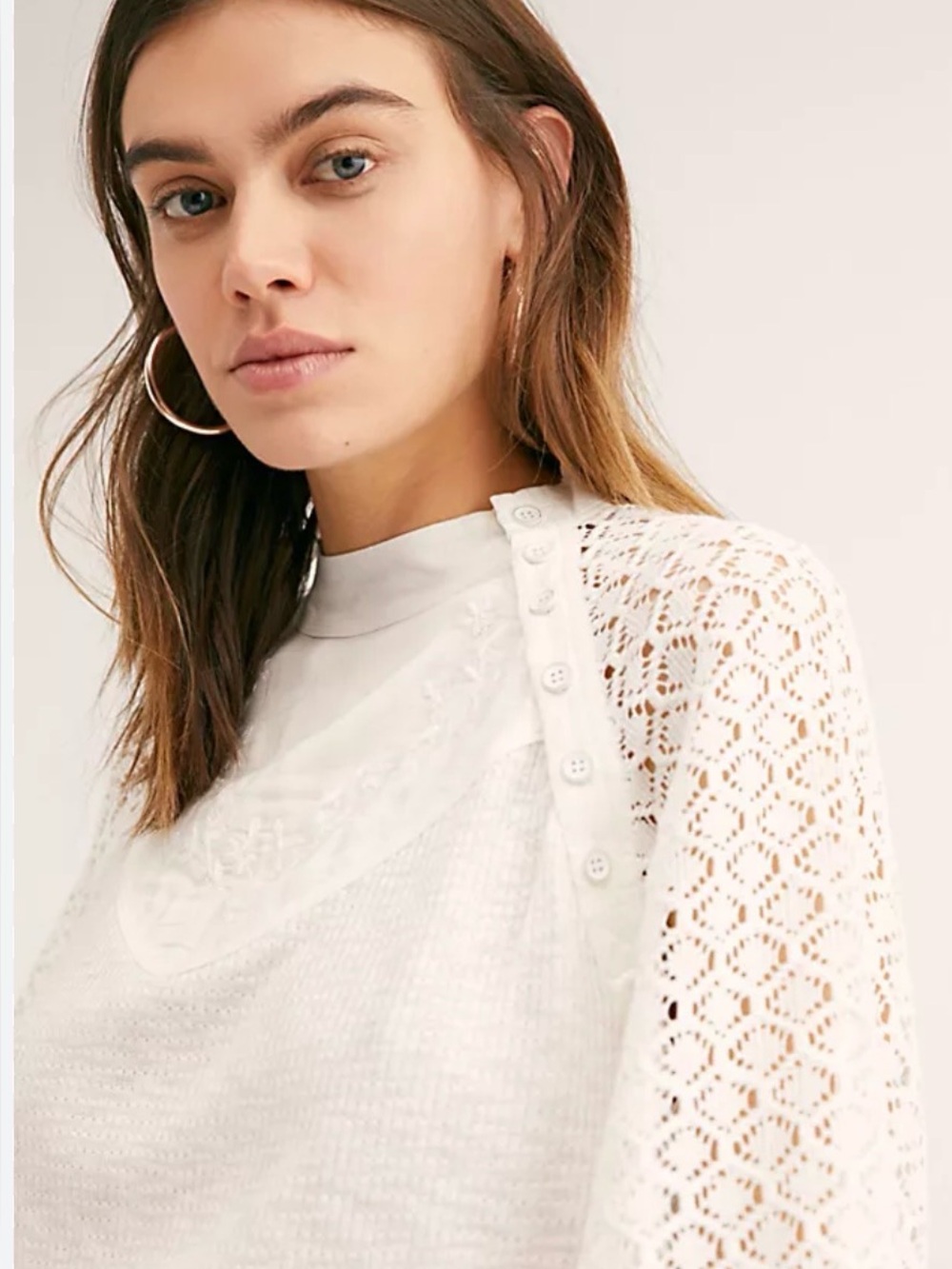 FREE PEOPLE “Sweetest Things”White Lace-Sleeve Women's Top with Embroidered Yoke